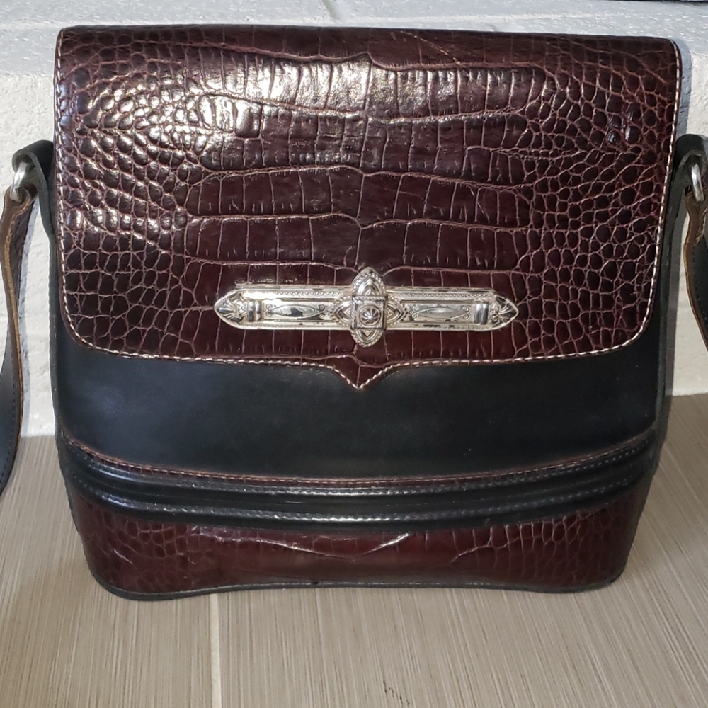 Vintage Brighton Croc Embossed Leather Crossbody Bag Chocolate Brown Y2K